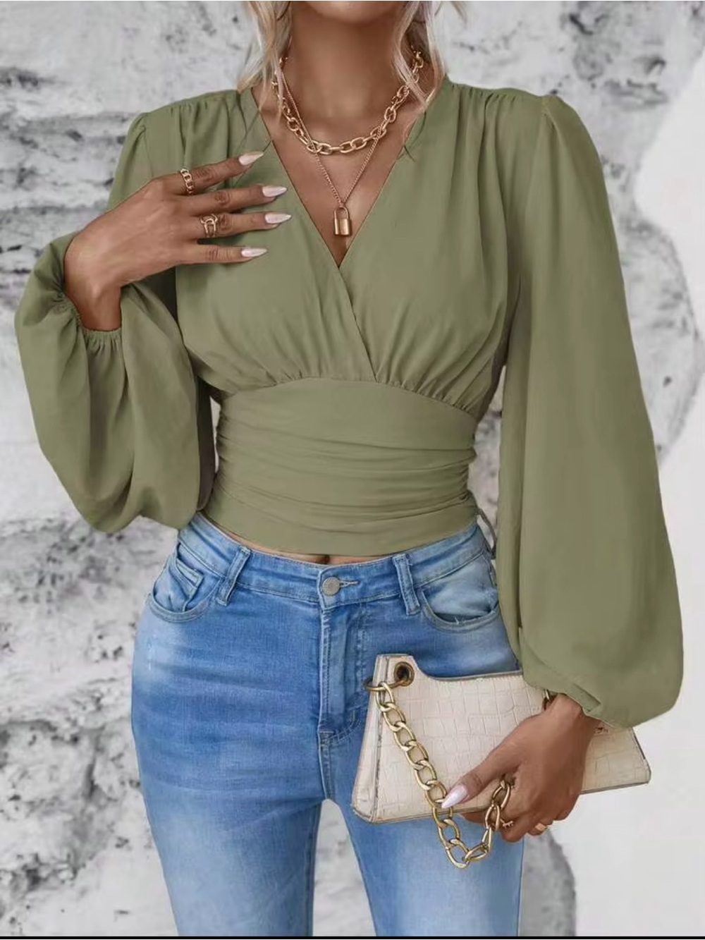SHEIN Olive Green V-Neck Wrap Crop Blouse